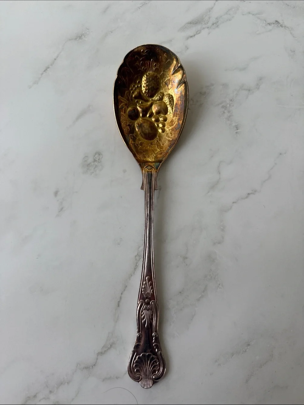 Vintage AI Sheffield England Serving Spoon Gold Tone Gold & Silver Fruit Pattern